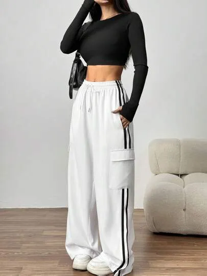 Drawstring Waist Striped Side Pocket Pants