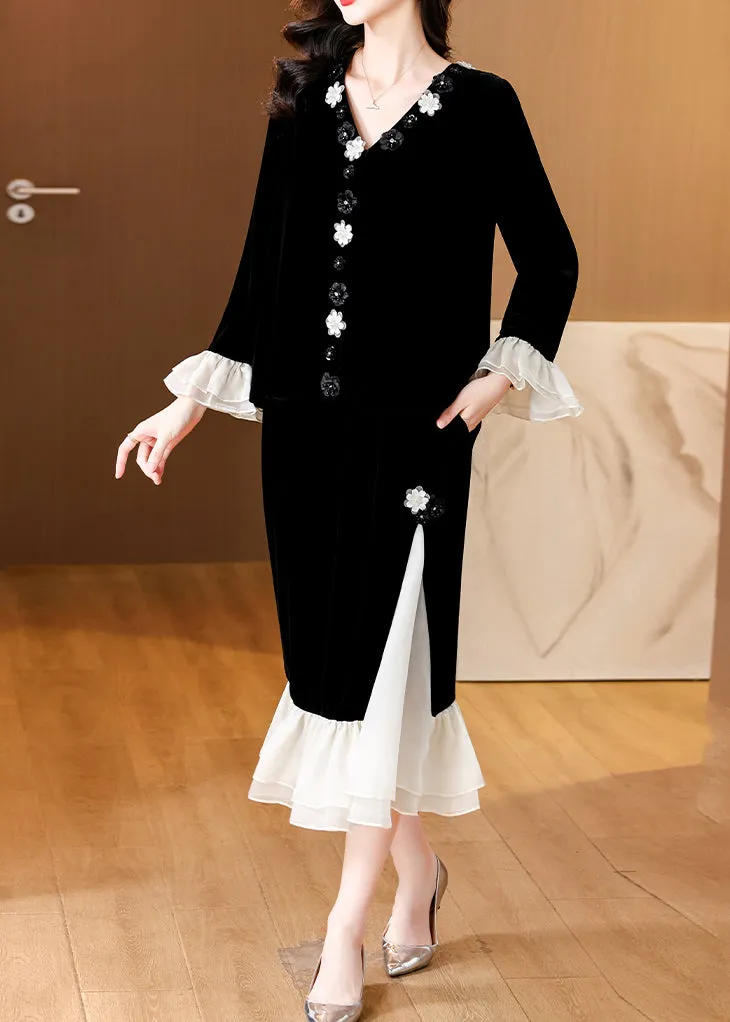 Elegant Black V Neck Patchwork Tops And Skirts Silk Velvet Two Pieces Set Butterfly Sleeve