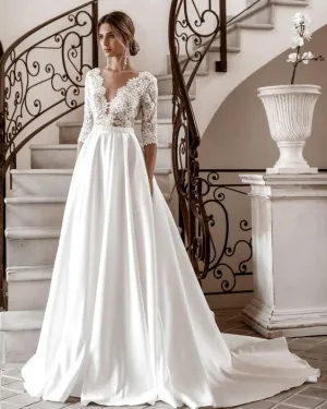 Elegant Long Sleeves Lace Wedding Dresses Satin Skirt Wedding Brides Gowns with Embroidered