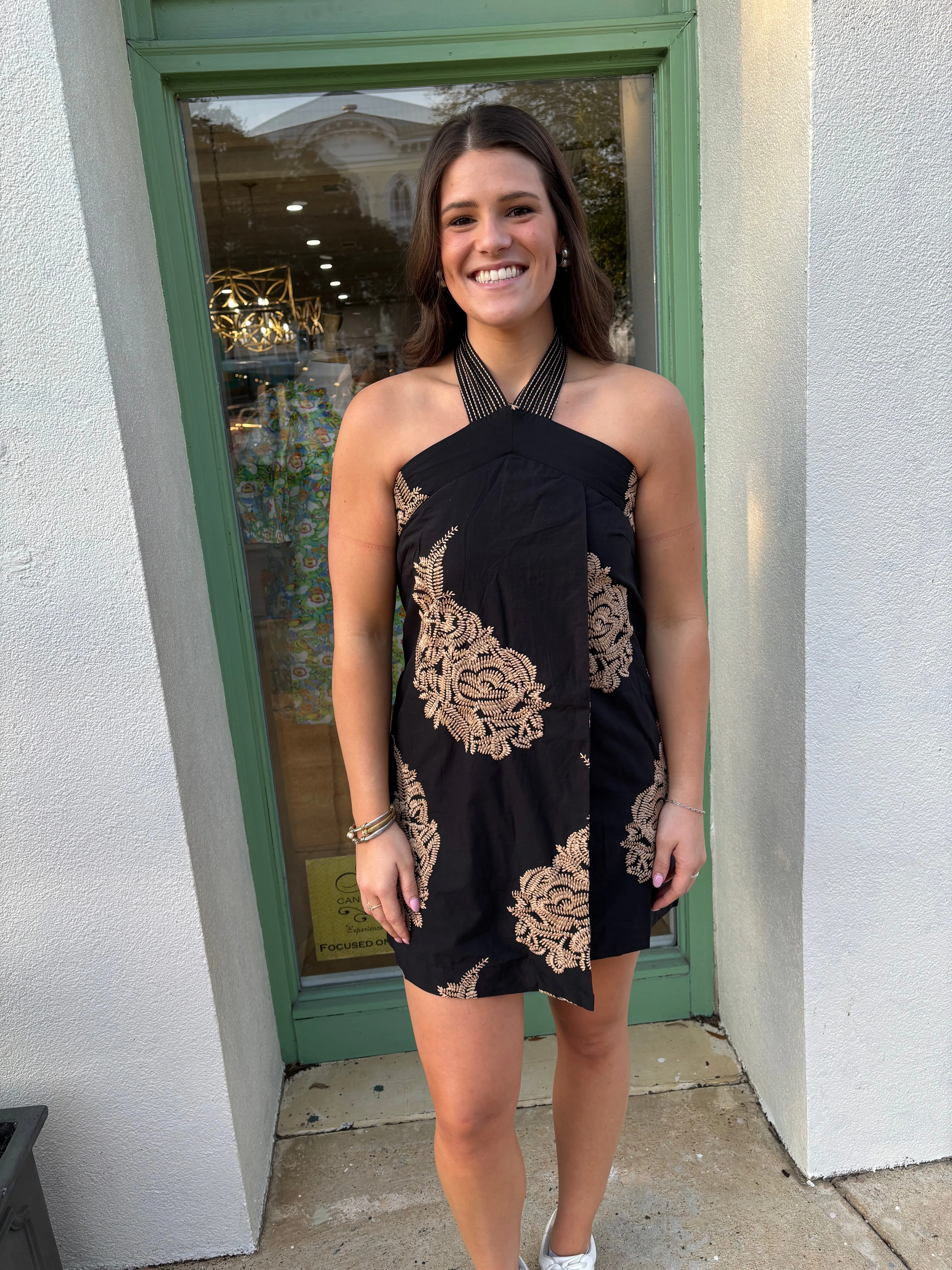 Embroidered Halter Mini Dress