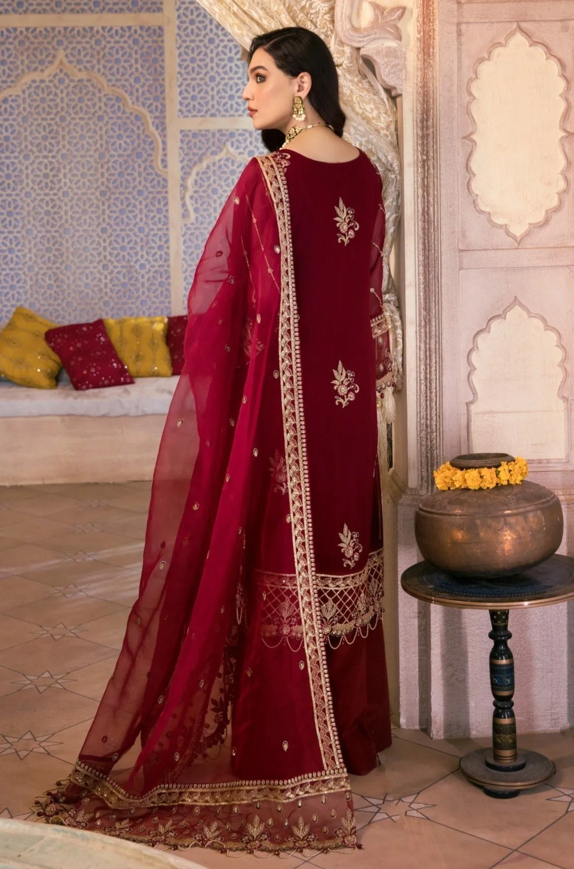 Embroidered Red Kameez Salwar by Pakistani Designer #PF334