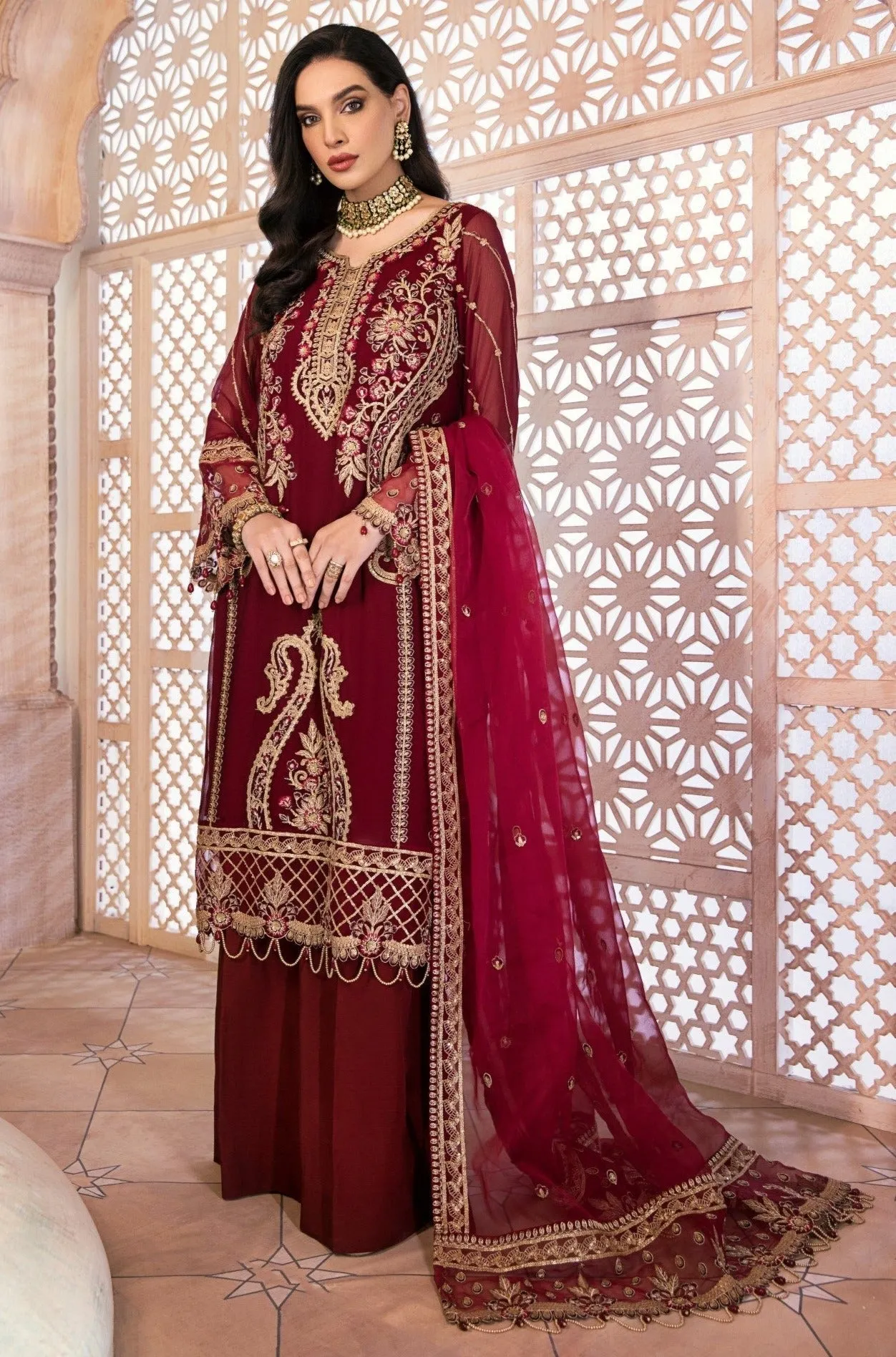 Embroidered Red Kameez Salwar by Pakistani Designer #PF334