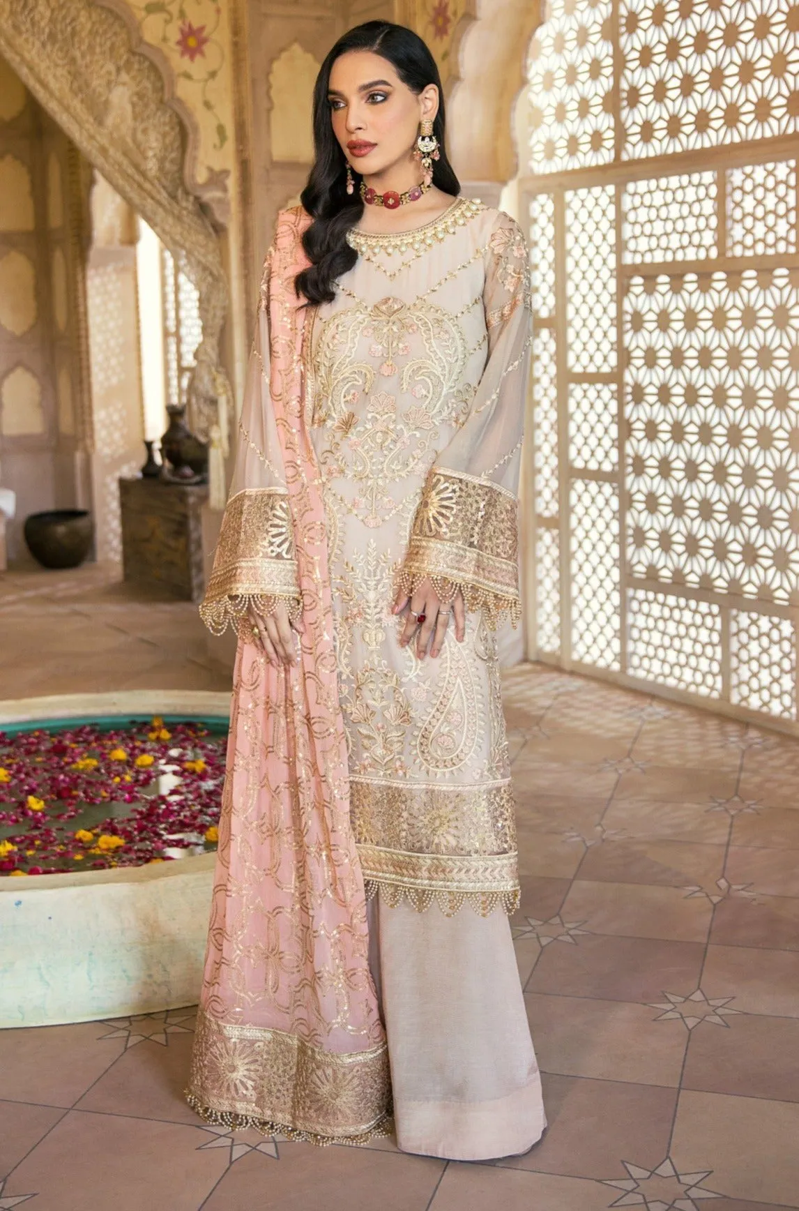 Ethereal White Kameez Salwar with Golden Details #PF333