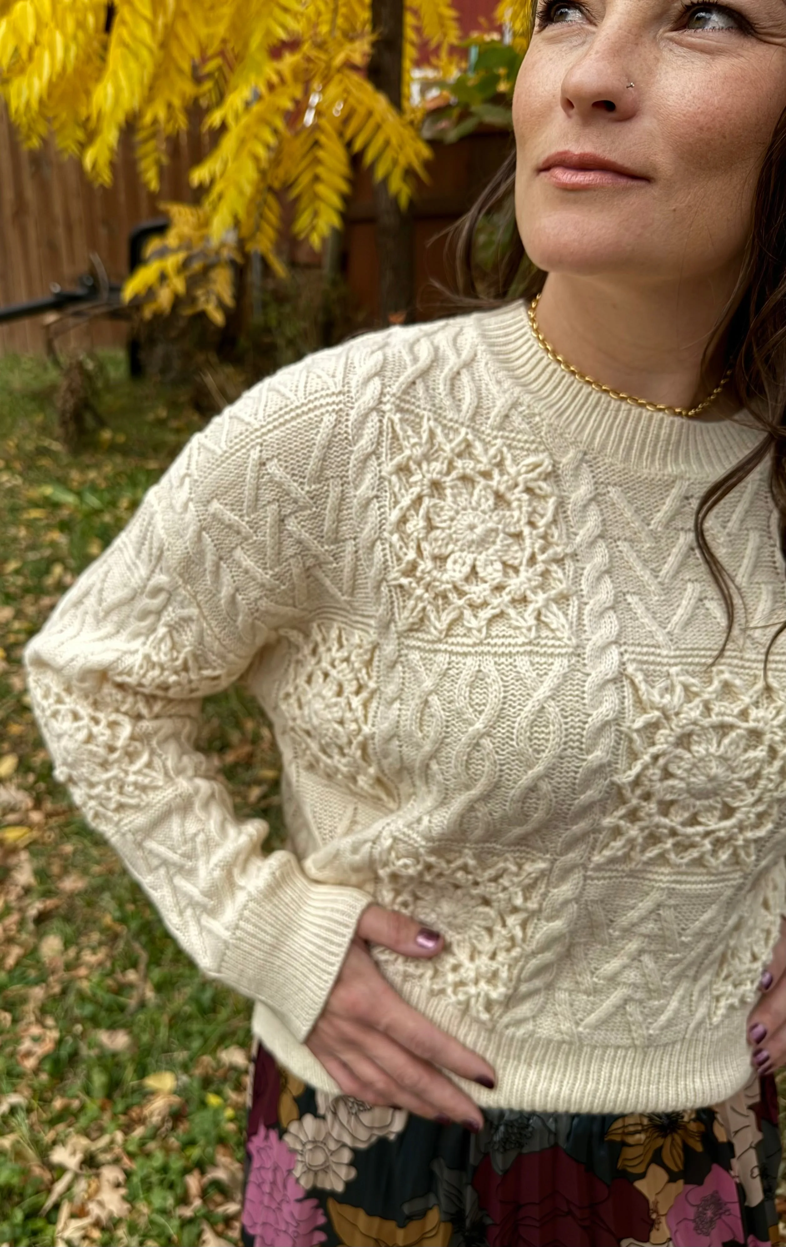 Floral Crochet Embroidered Checker Knit Sweater