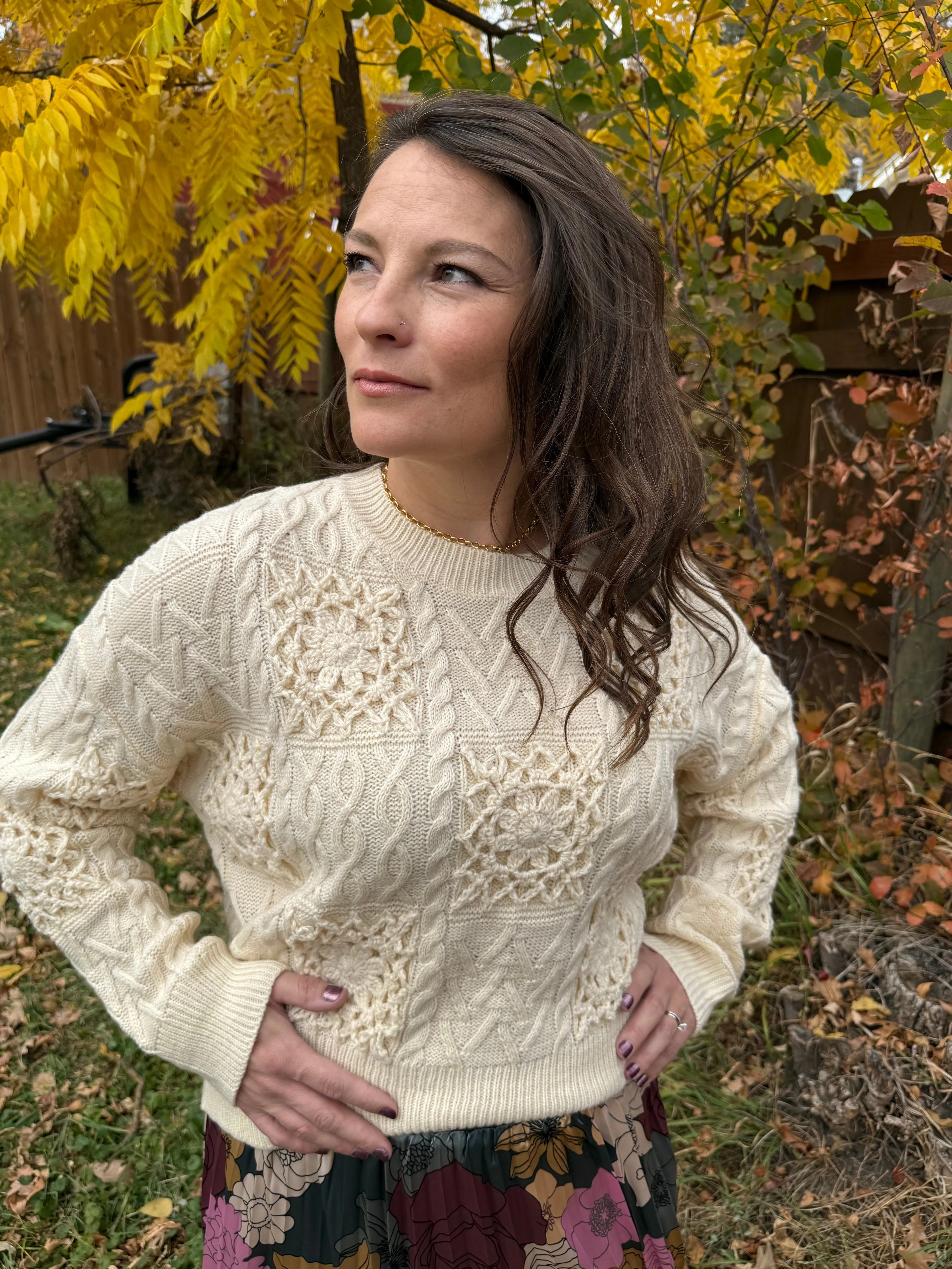 Floral Crochet Embroidered Checker Knit Sweater