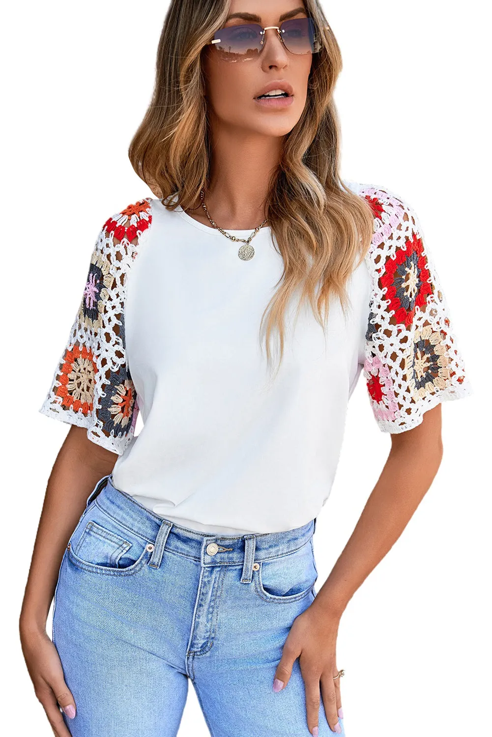 Floral Crochet Short Sleeve Top