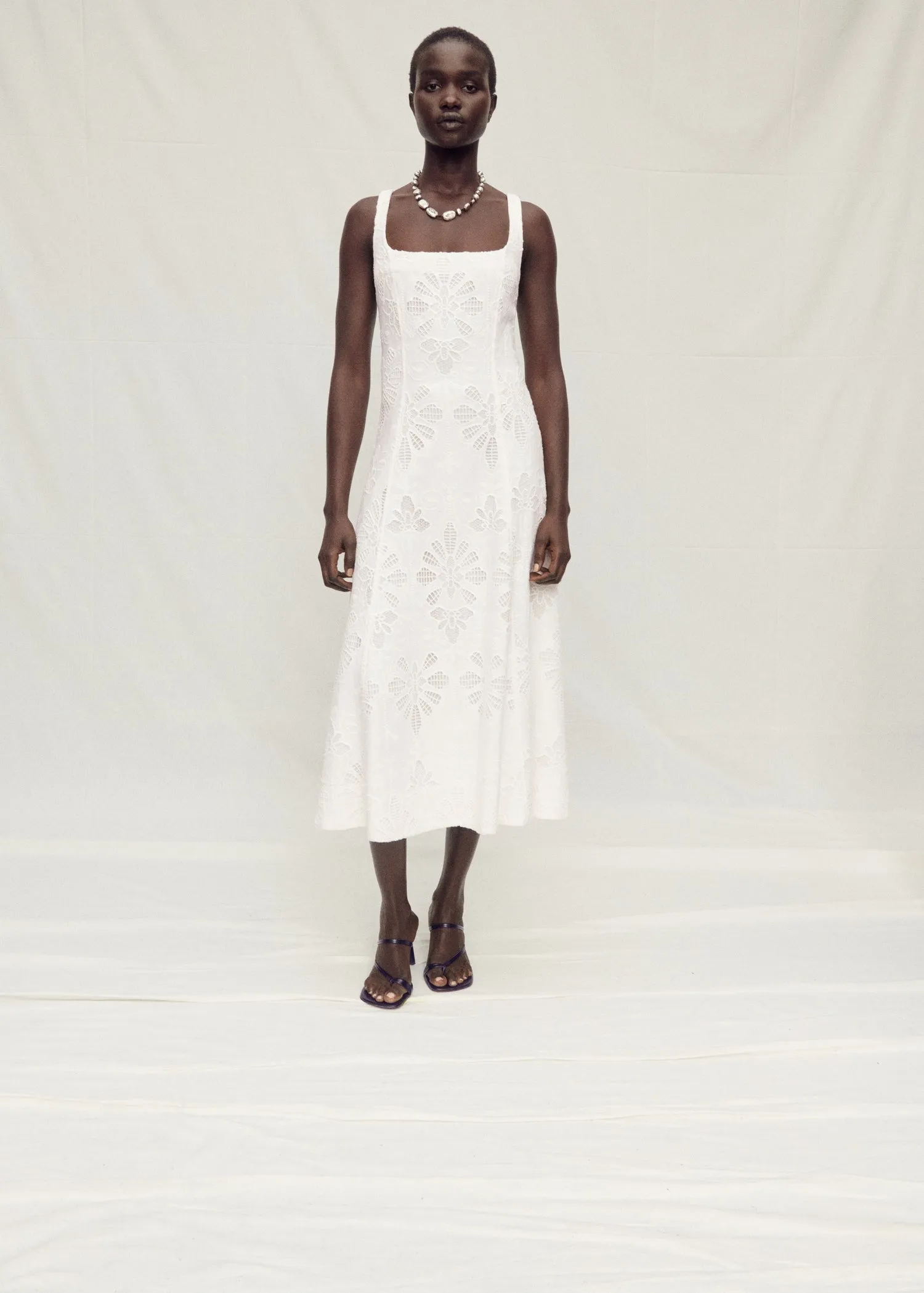 Floral embroidered linen flared dress