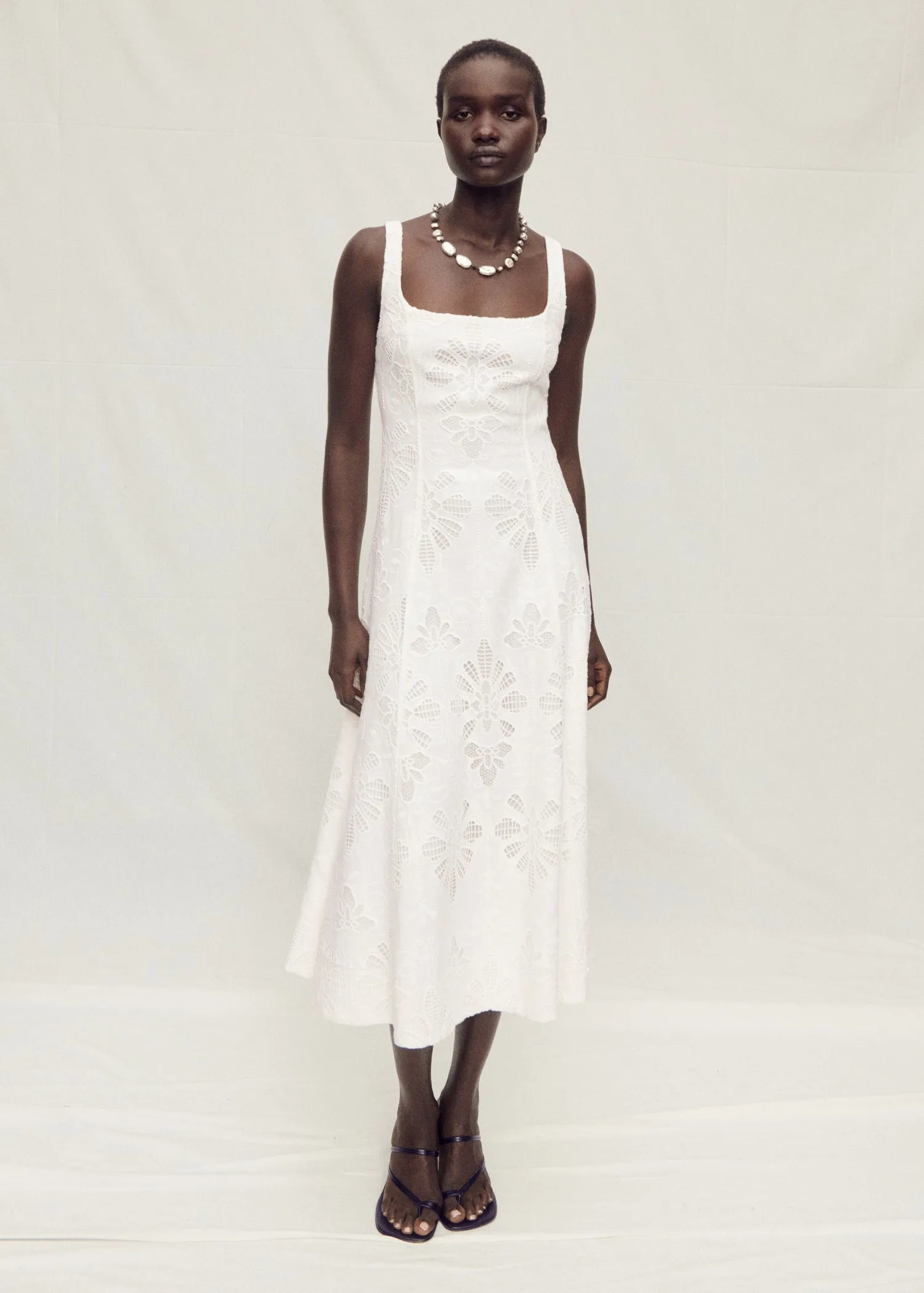 Floral embroidered linen flared dress