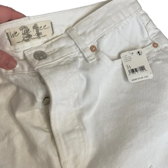 Free people lasso optic white denim jean distressed cuff raw hem shorts 31