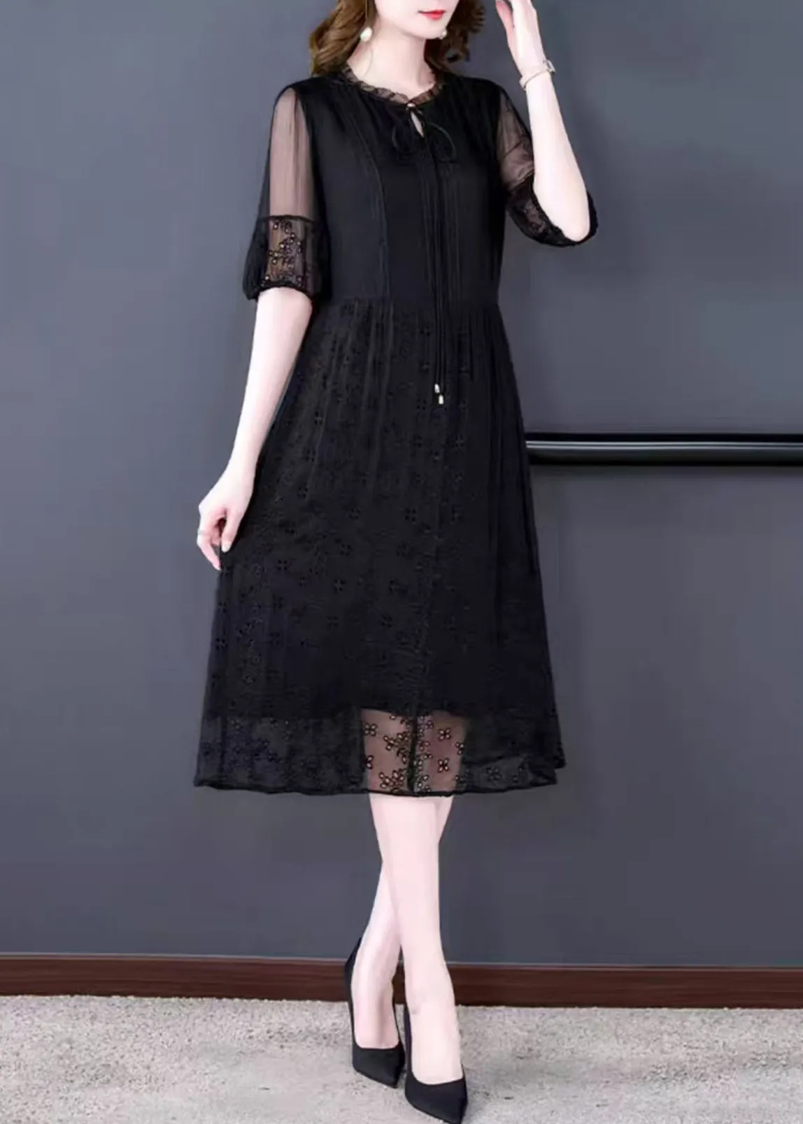 French Black Embroidered Lace Up Silk Cotton Long Dresses Summer