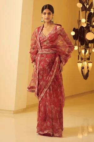 Fuchia Pink Embroidered Saree With Belt