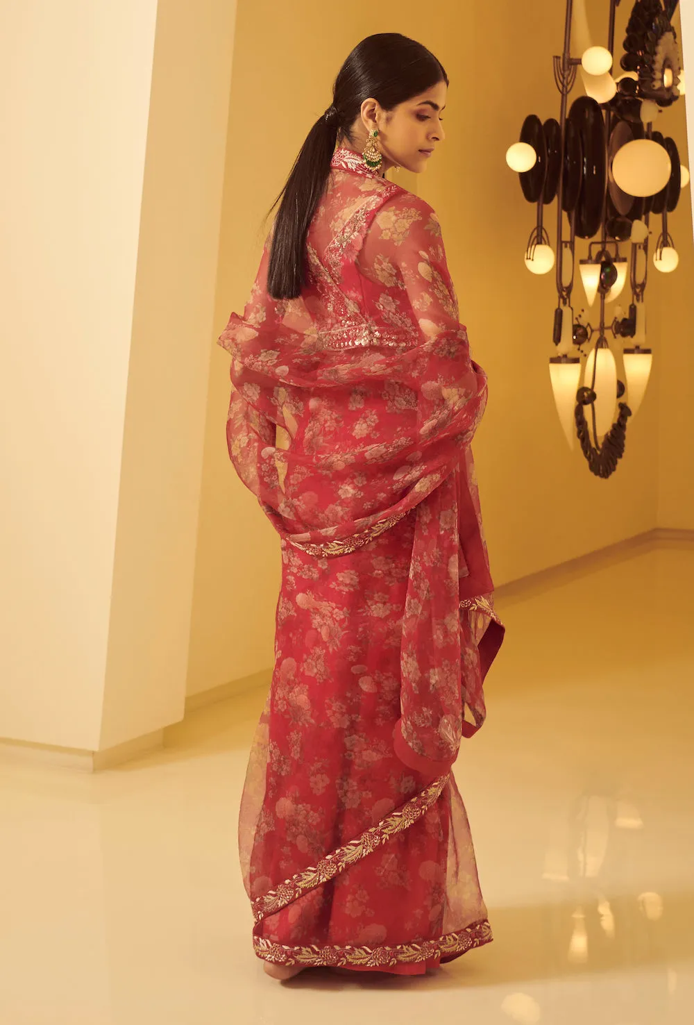 Fuchia Pink Embroidered Saree With Belt