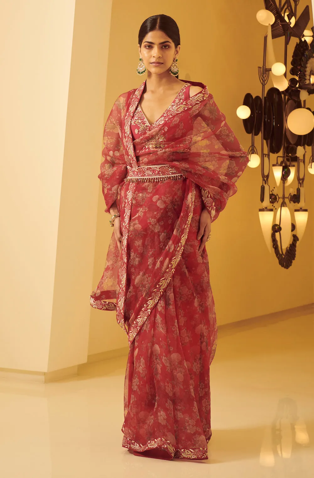 Fuchia Pink Embroidered Saree With Belt