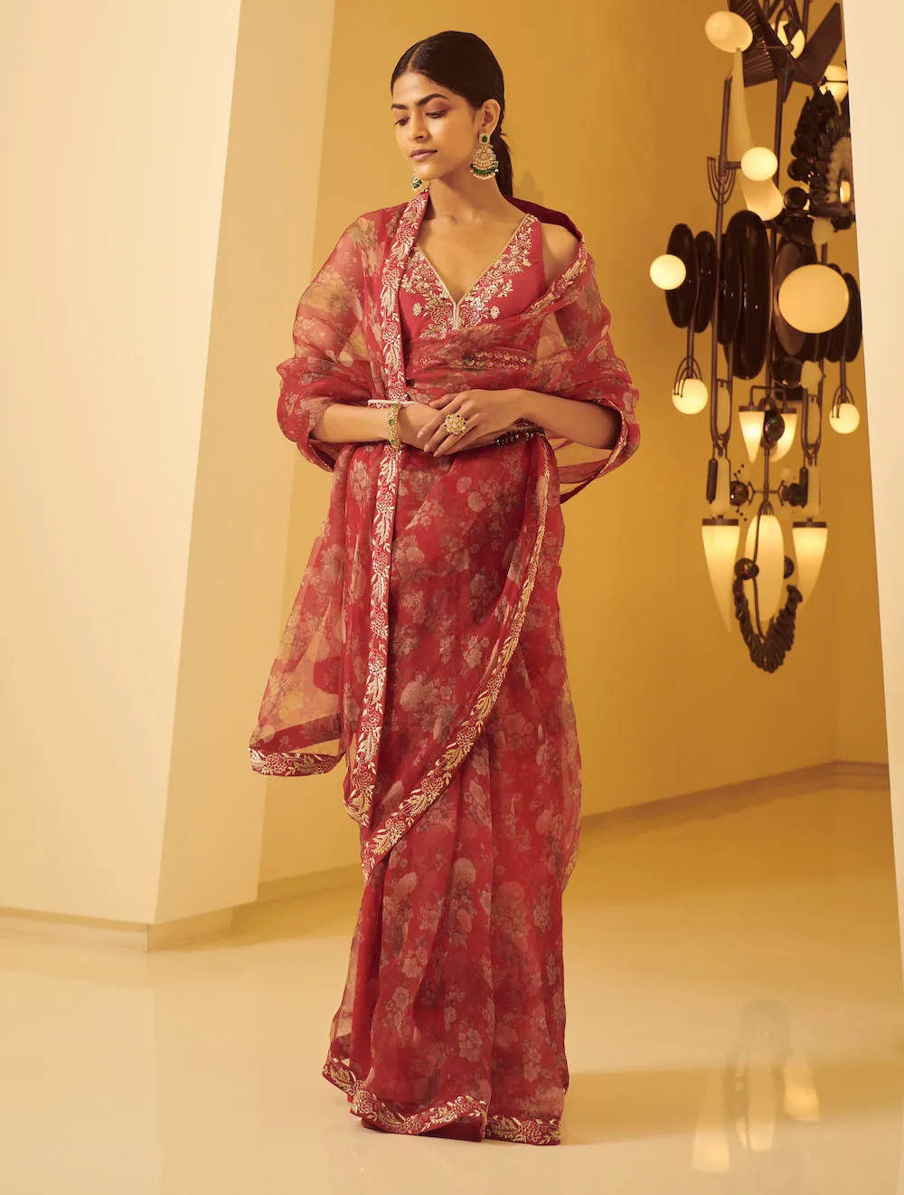 Fuchia Pink Embroidered Saree With Belt