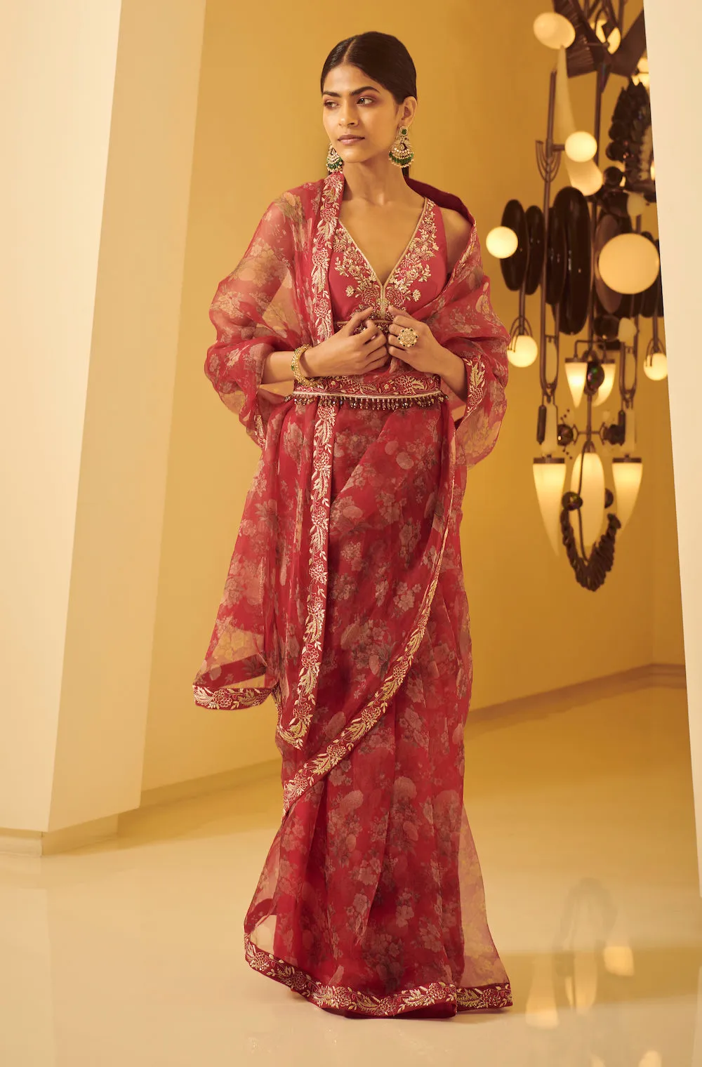 Fuchia Pink Embroidered Saree With Belt