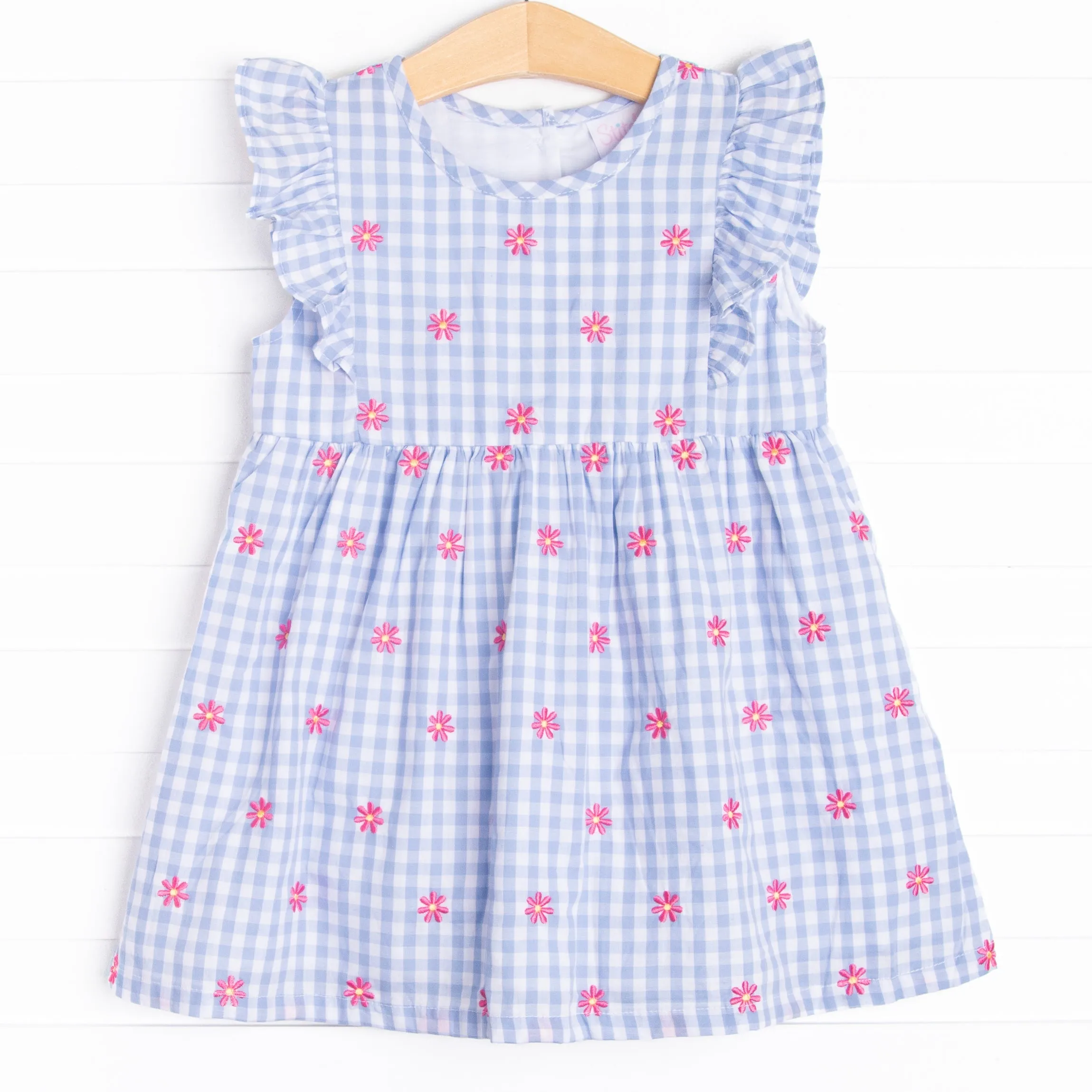 Gerbera Daisy Gingham Embroidered Dress, Blue