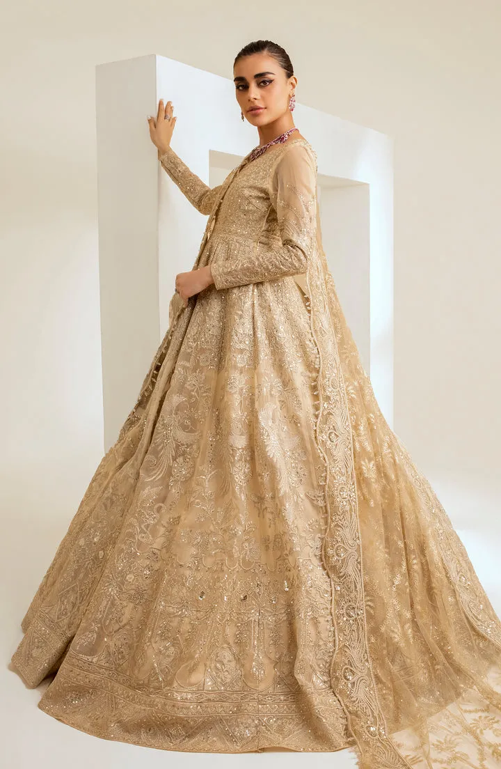 Golden Embroidered Pakistani Wedding Dress Heavy Flare Pishwas
