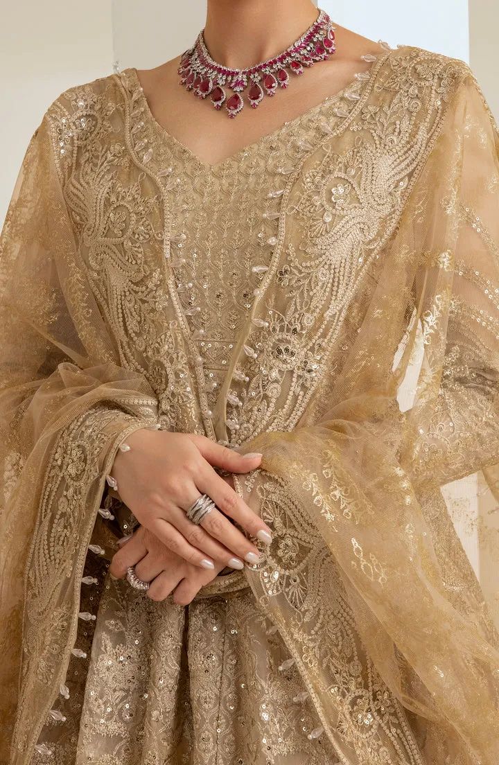 Golden Embroidered Pakistani Wedding Dress Heavy Flare Pishwas