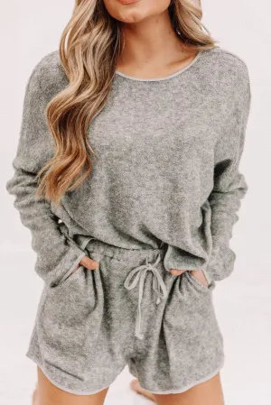 Gray Long Sleeve Top and Drawstring Shorts Lounge Set