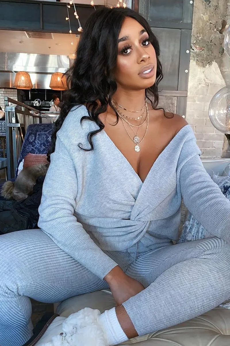 Grey Knot Front Knit Loungewear Set - Lorelei
