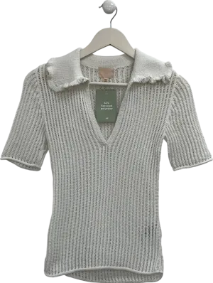 H&M White Open Crochet Polo Shirt UK XS