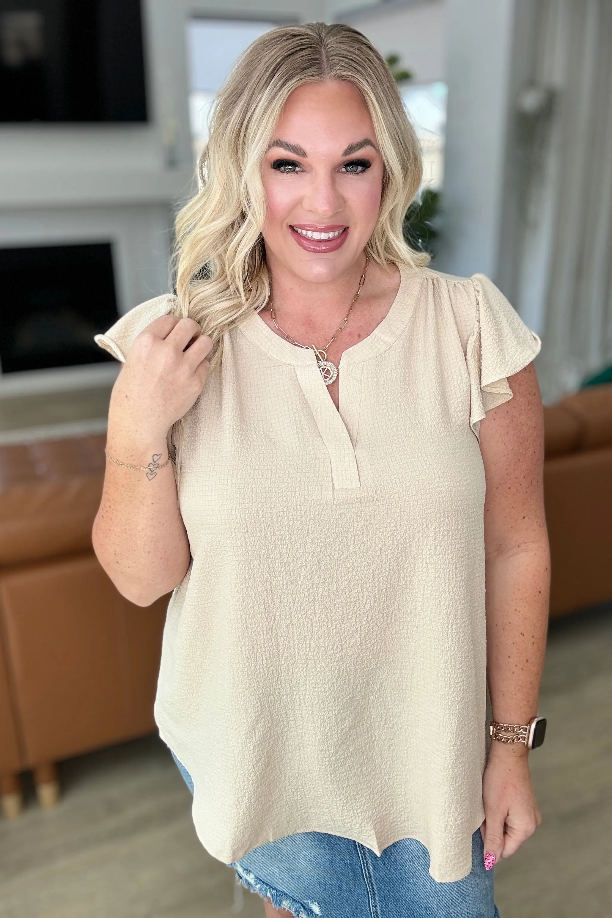 Hazel Blues® |  Crinkle Split Neckline Flutter Sleeve Top in Taupe