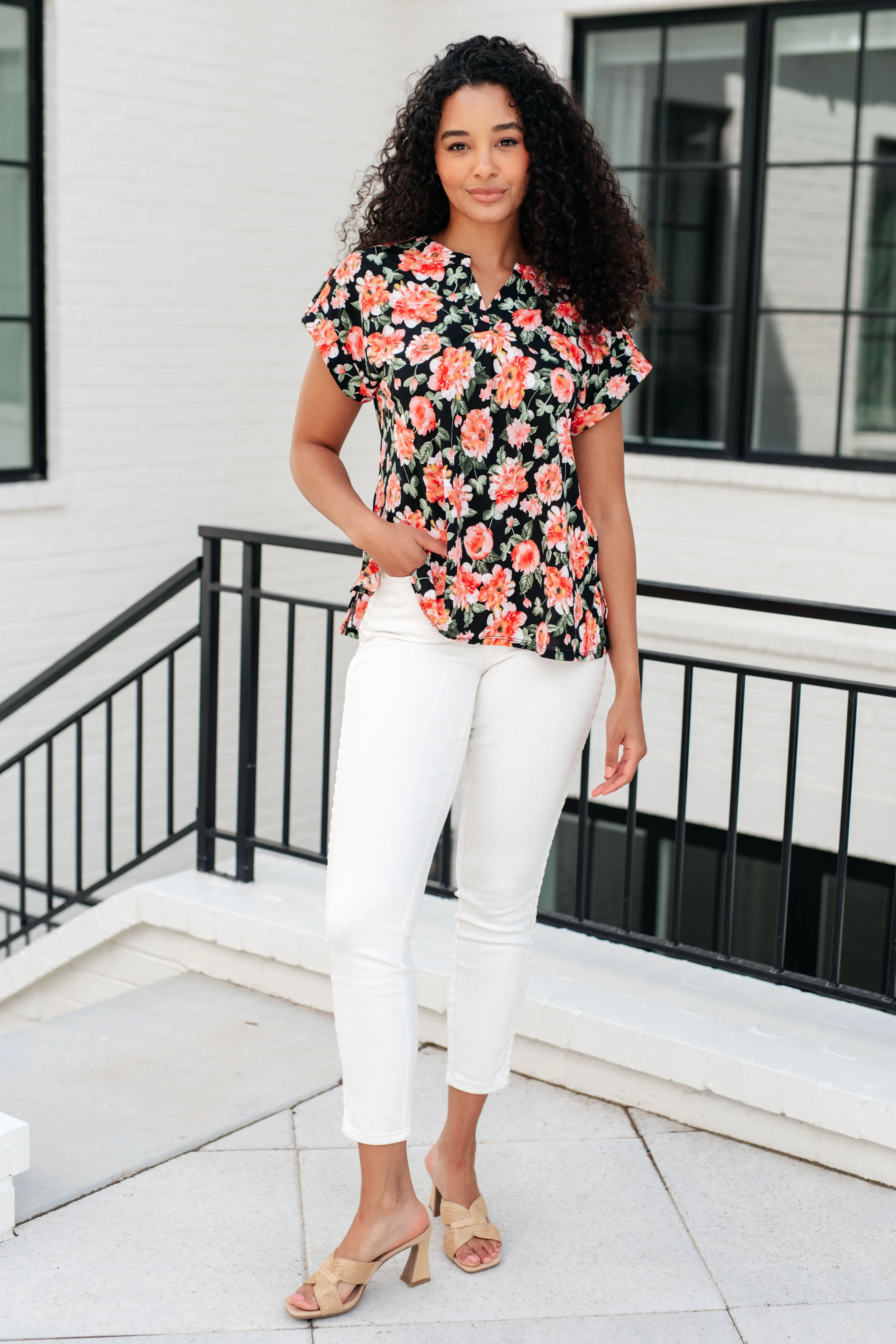 Hazel Blues® |  Lizzy Cap Sleeve Top in Black and Coral Floral