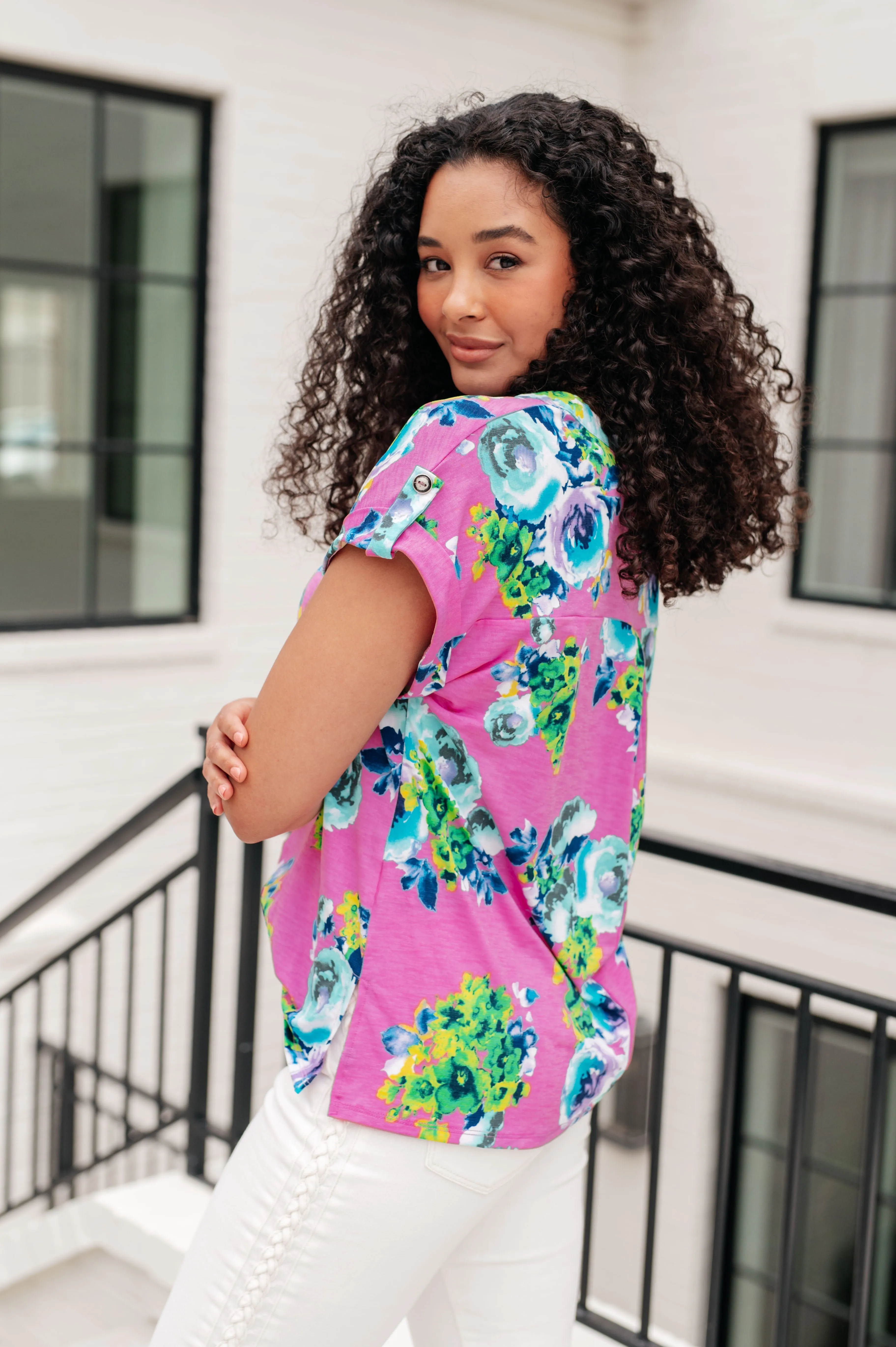 Hazel Blues® |  Lizzy Cap Sleeve Top in Coral and Blue Floral