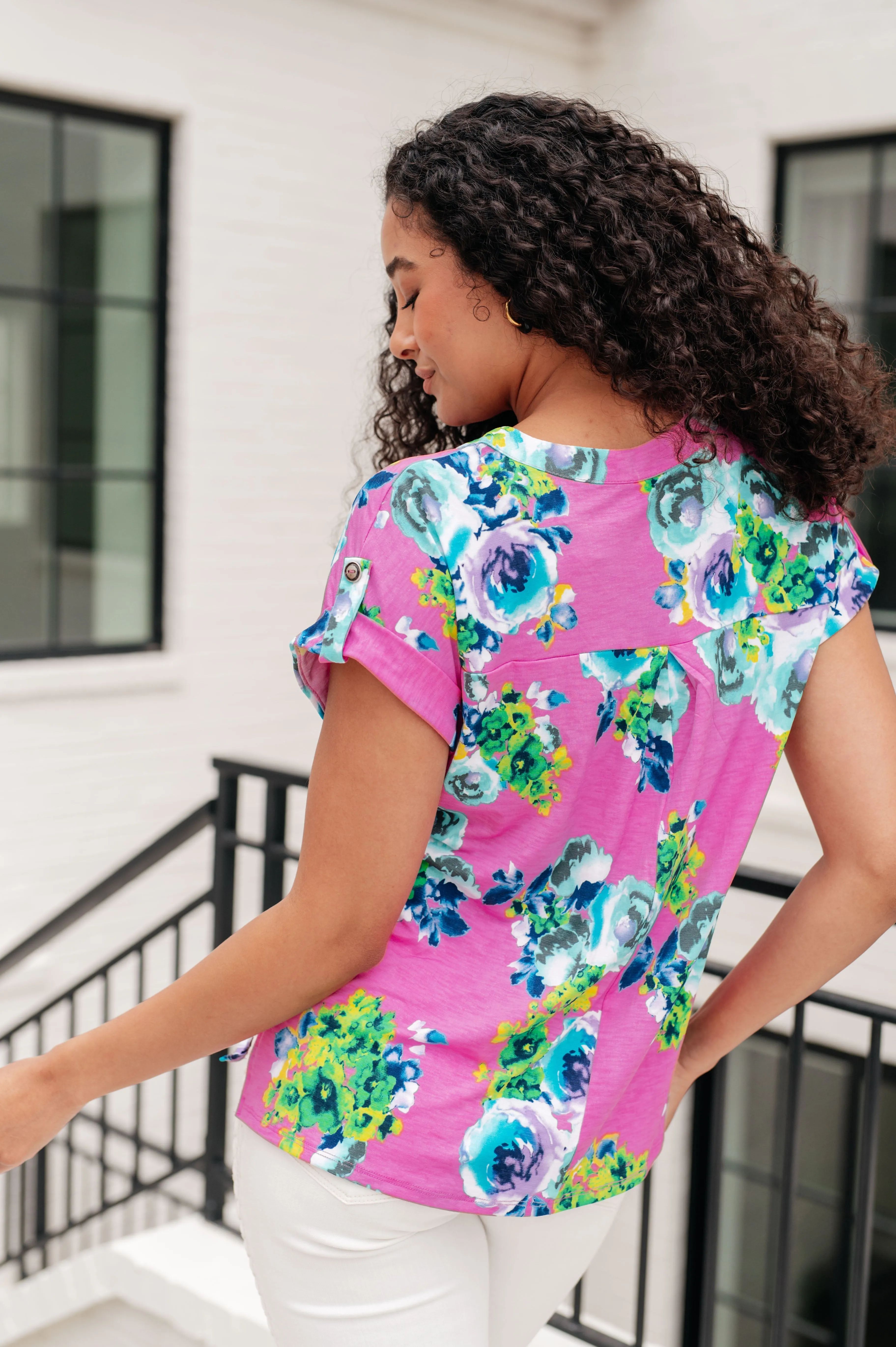 Hazel Blues® |  Lizzy Cap Sleeve Top in Coral and Blue Floral