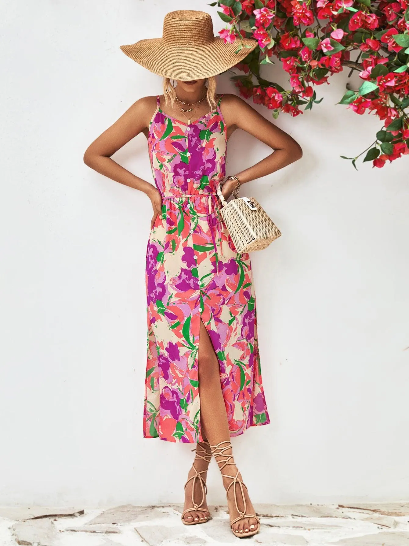 Hazel Blues® |  Printed Spaghetti Strap Front Slit Dress