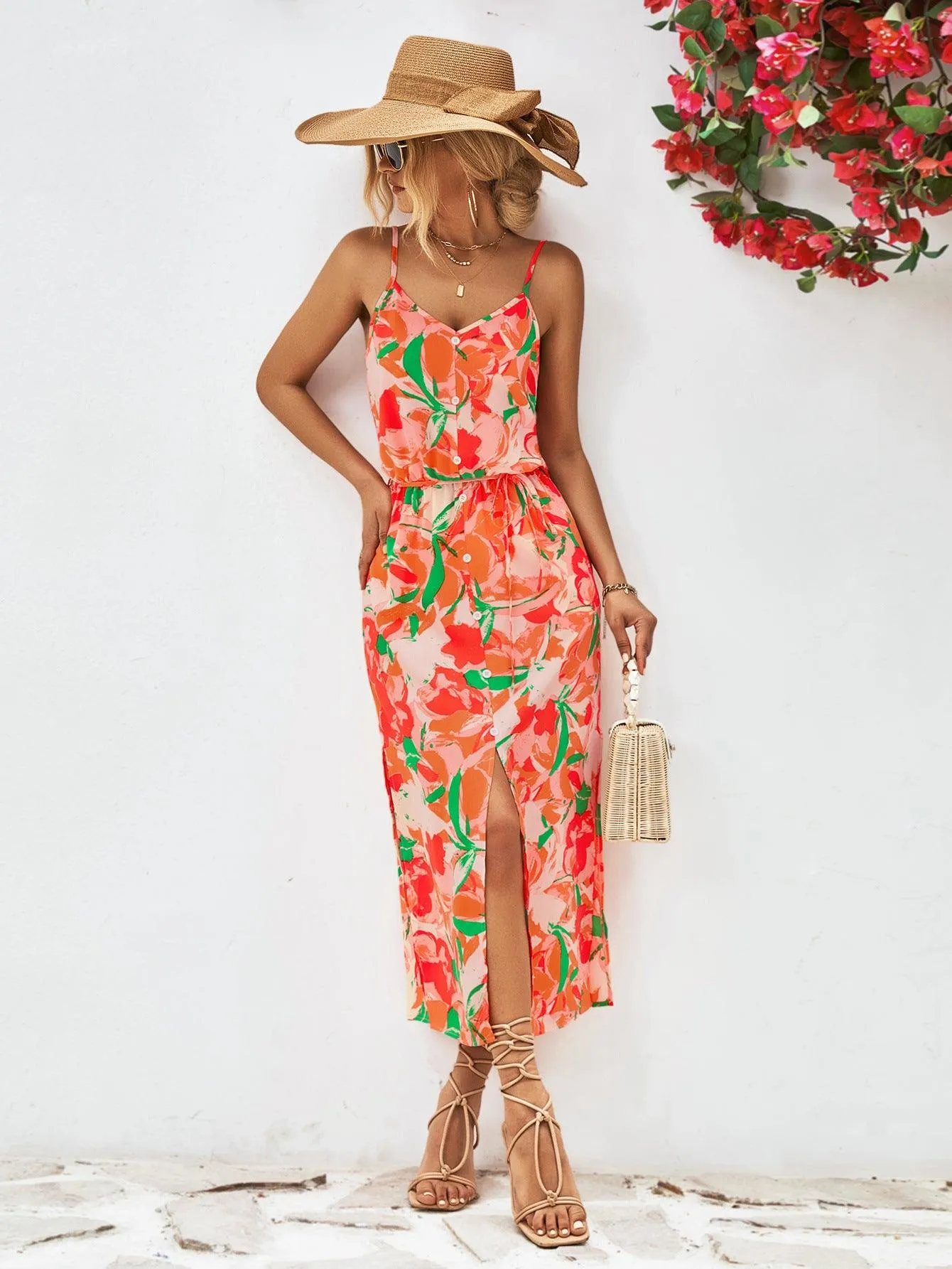 Hazel Blues® |  Printed Spaghetti Strap Front Slit Dress