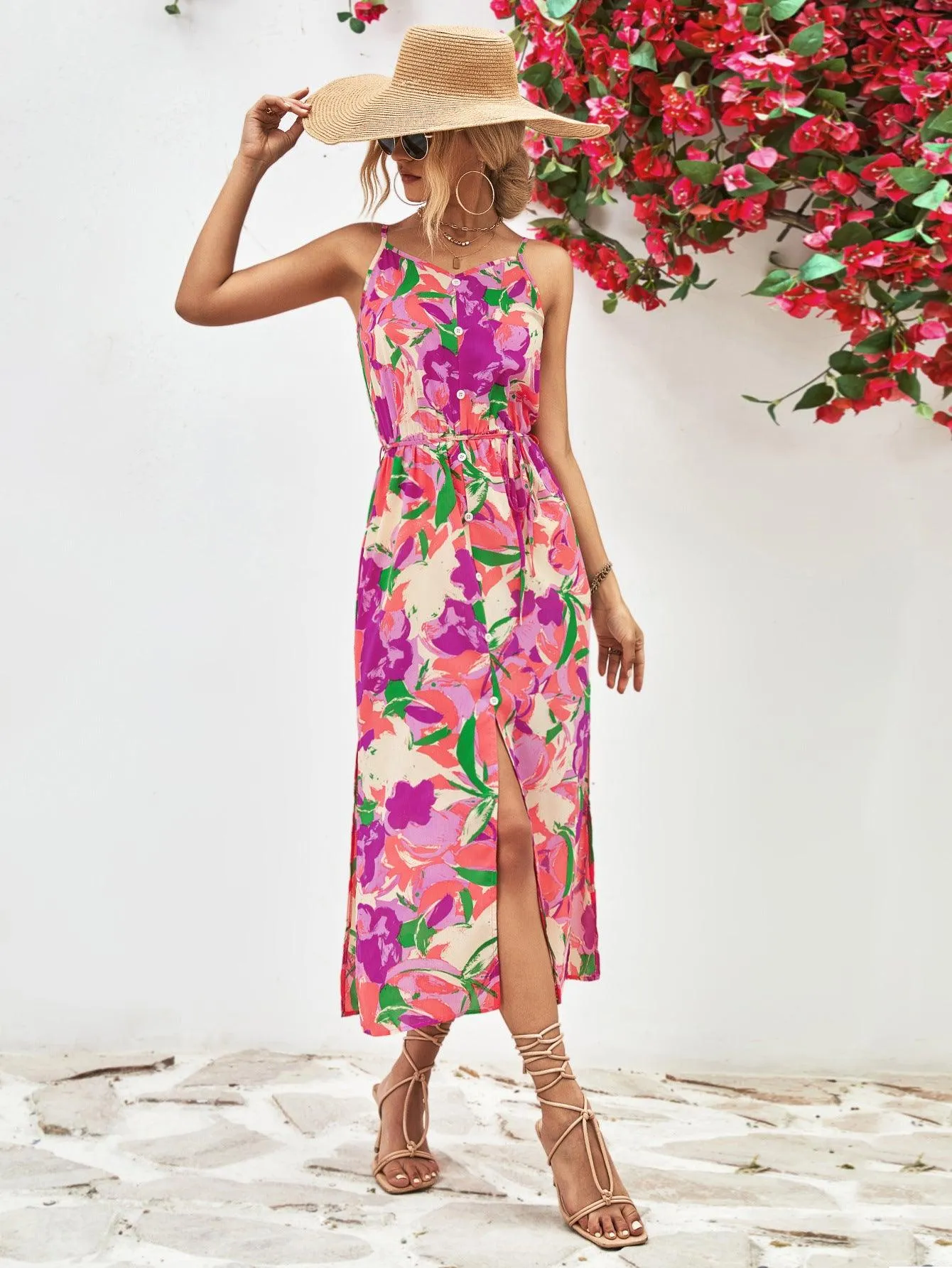 Hazel Blues® |  Printed Spaghetti Strap Front Slit Dress