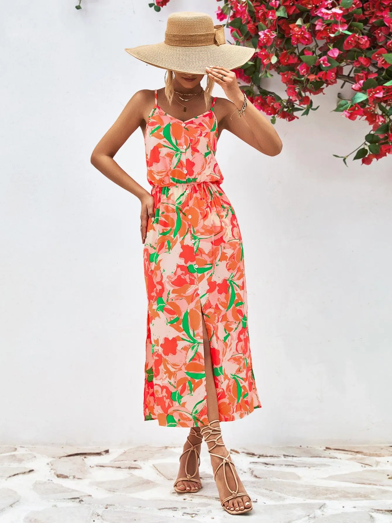 Hazel Blues® |  Printed Spaghetti Strap Front Slit Dress