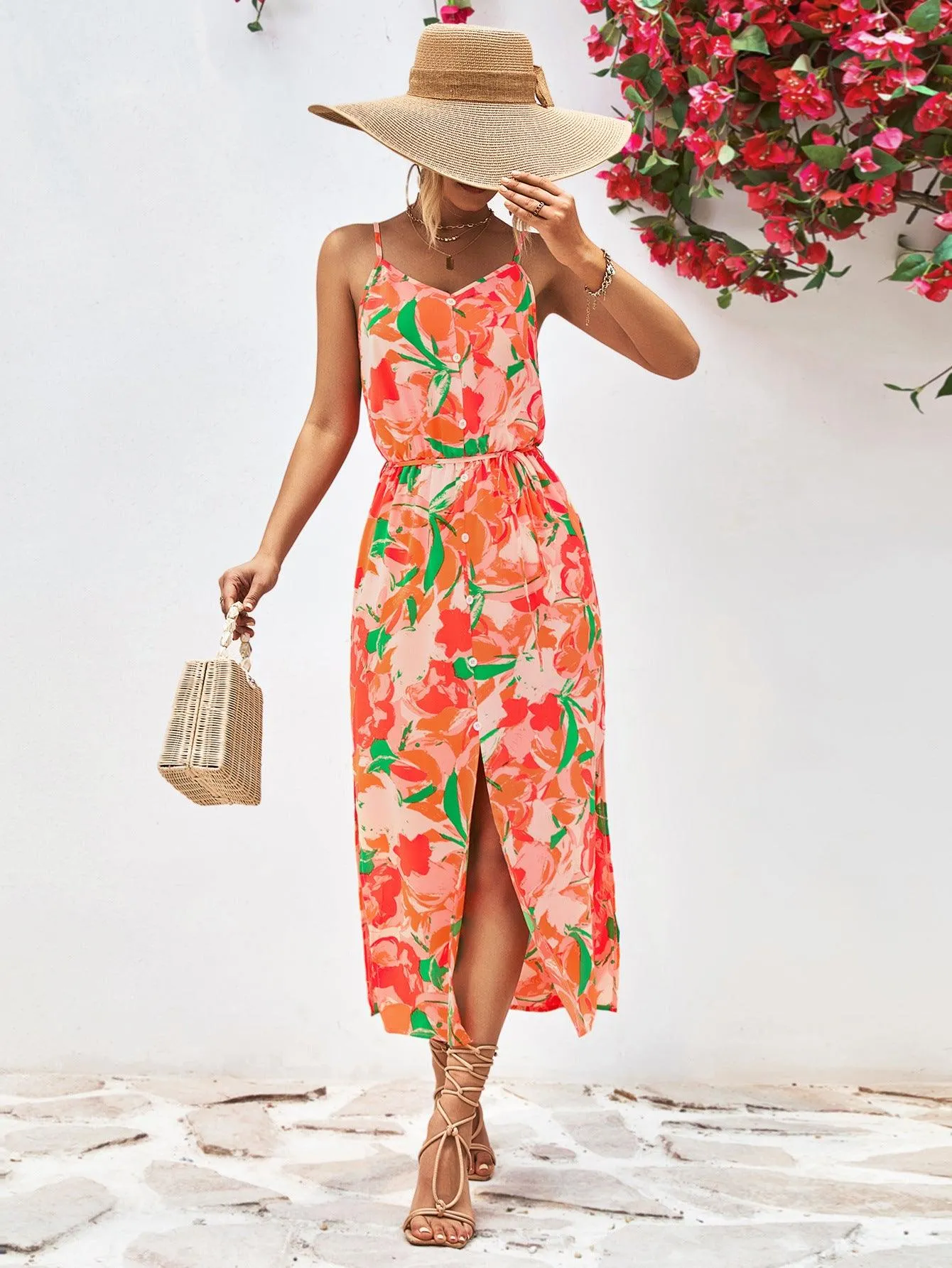 Hazel Blues® |  Printed Spaghetti Strap Front Slit Dress