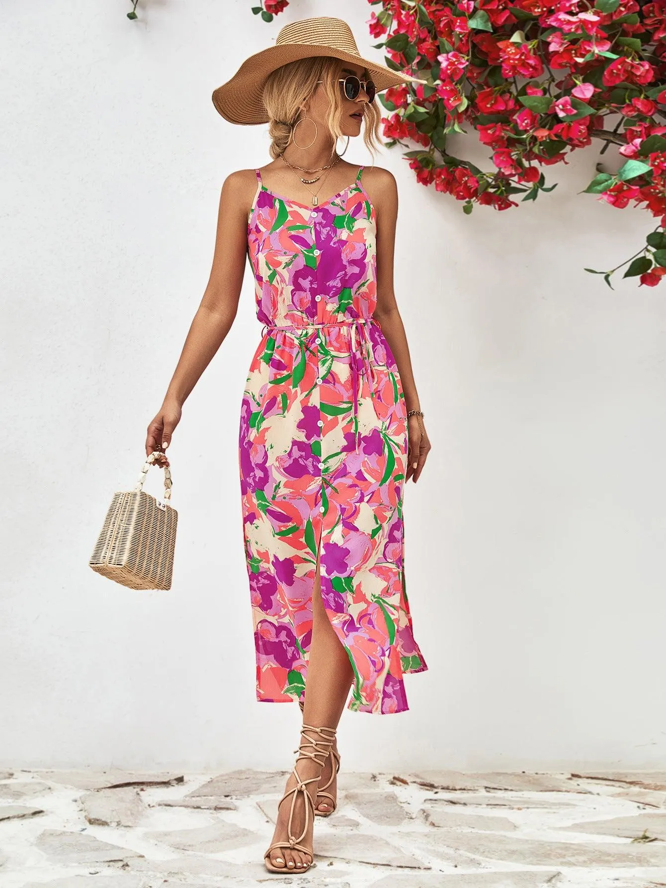 Hazel Blues® |  Printed Spaghetti Strap Front Slit Dress
