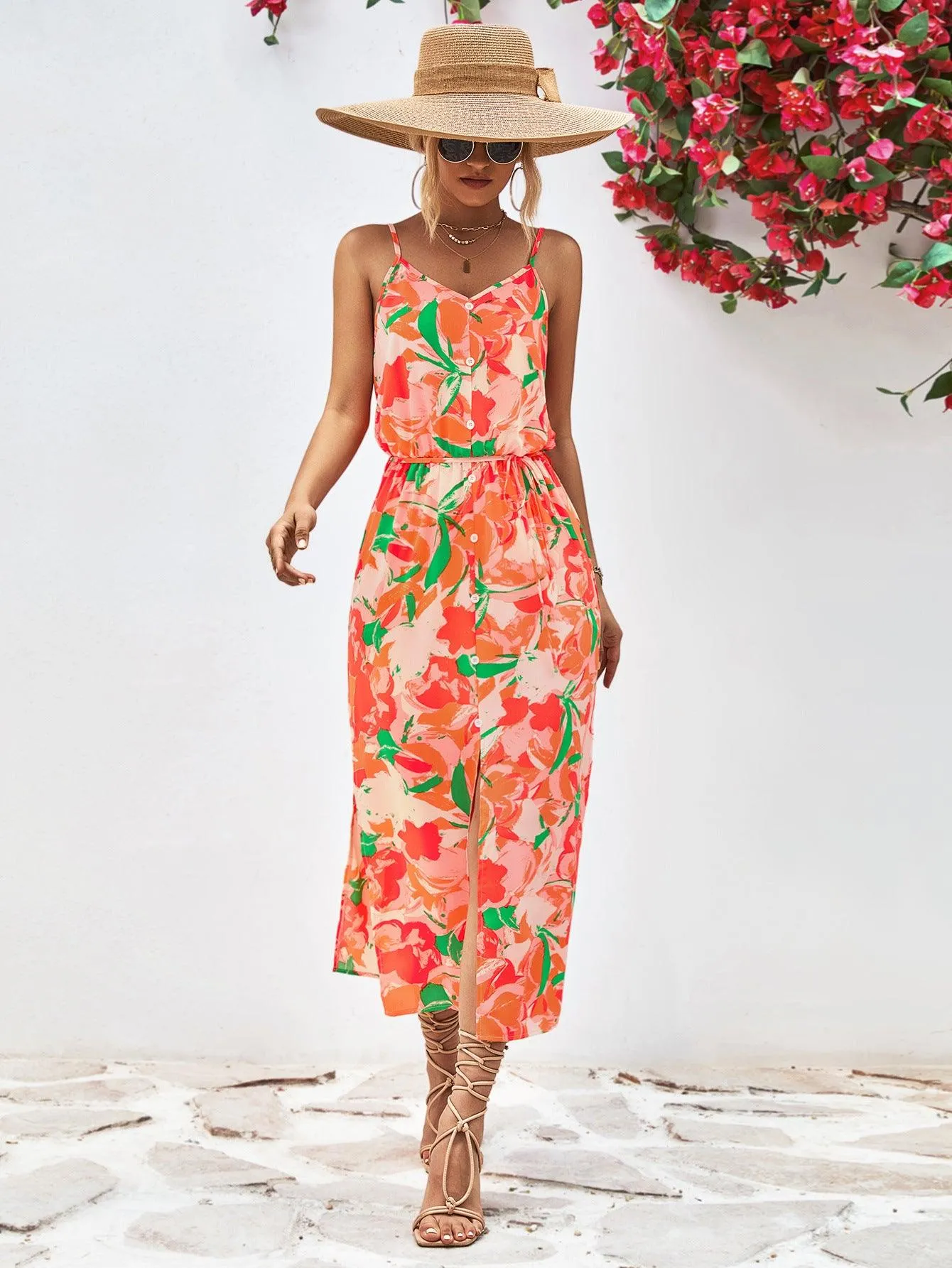 Hazel Blues® |  Printed Spaghetti Strap Front Slit Dress