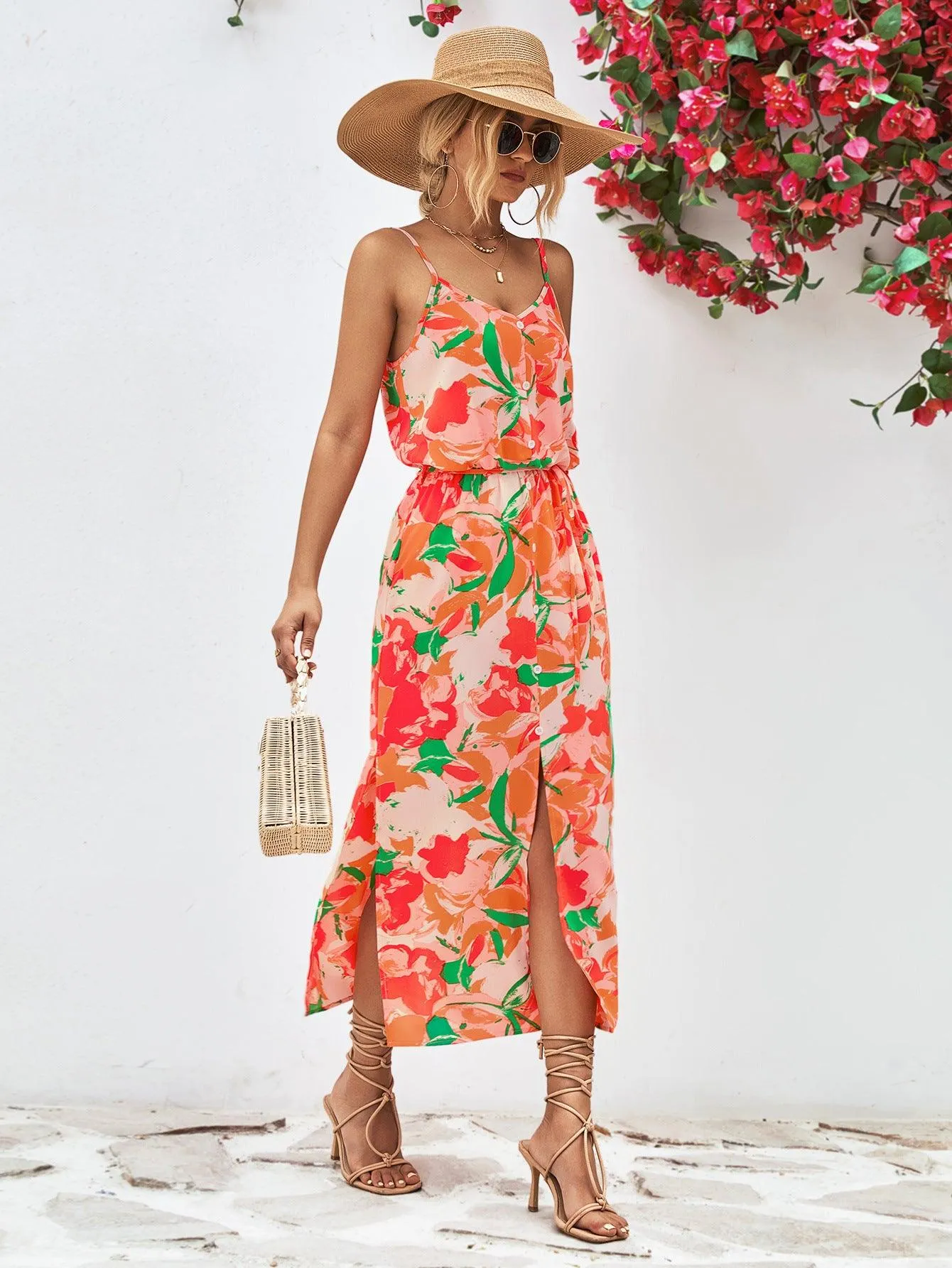 Hazel Blues® |  Printed Spaghetti Strap Front Slit Dress