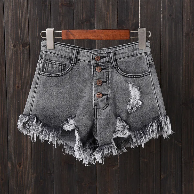 High-waist breasted denim shorts