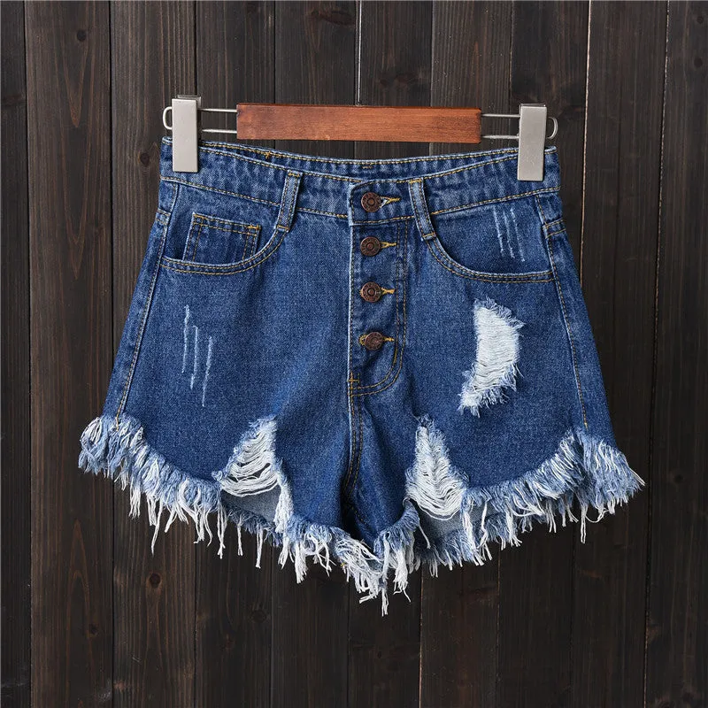 High-waist breasted denim shorts