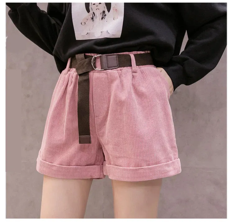 High Waist Corduroy Basic Shorts with Belt
