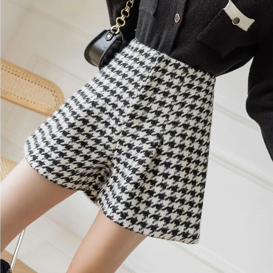 High Waist Houndstooth Pattern Office Shorts