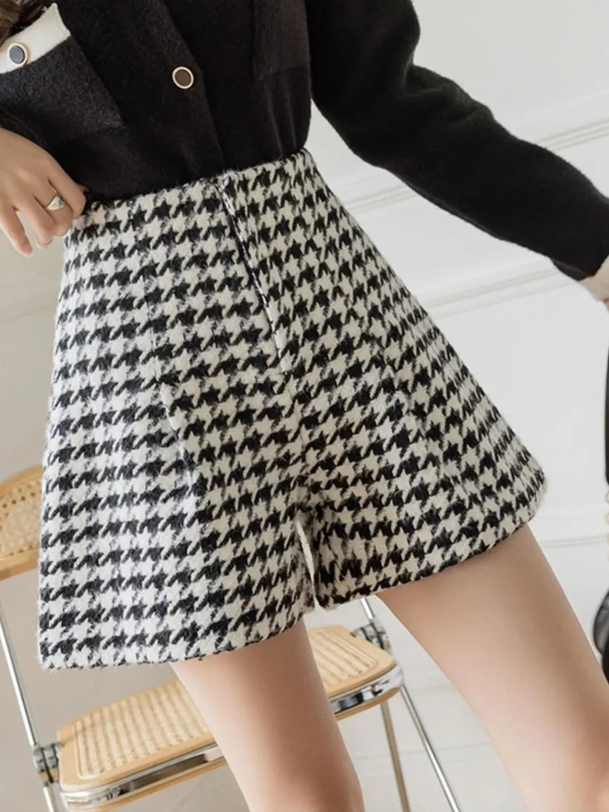 High Waist Houndstooth Pattern Office Shorts