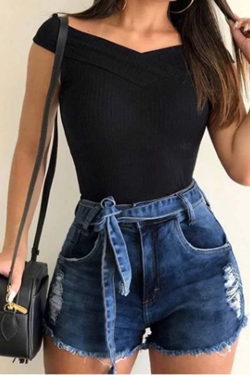 High Waist Lace-up Denim Shorts
