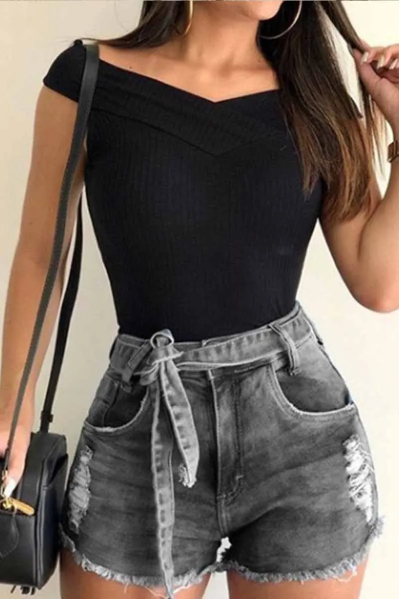 High Waist Lace-up Denim Shorts