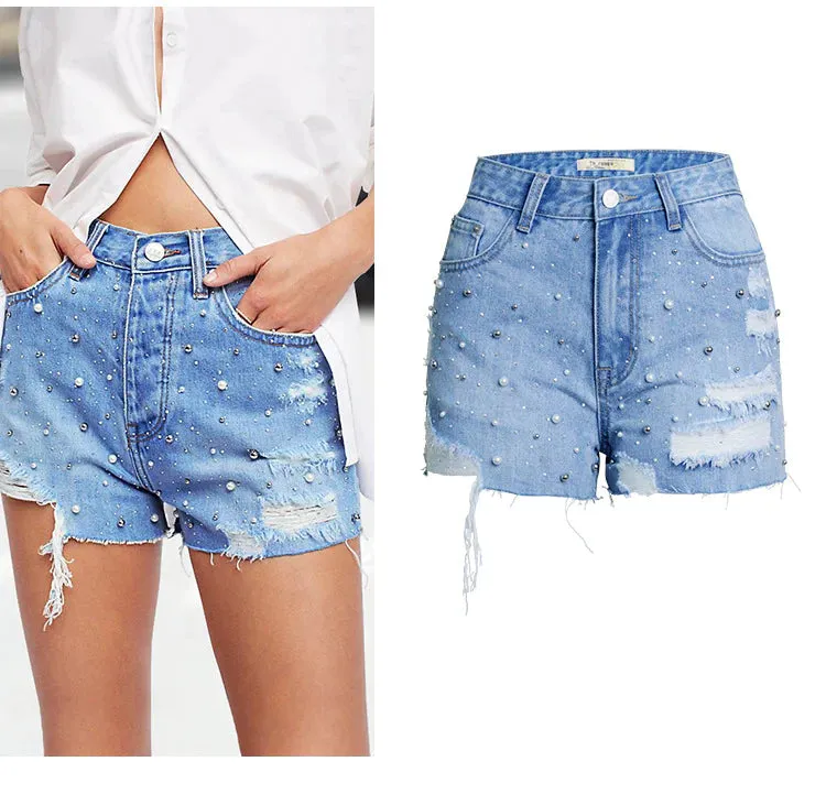 HIGH WAIST PEARL BEADED DENIM SHORTS