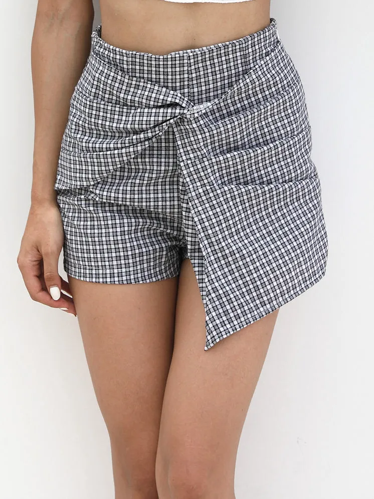High Waist Strap Plaid Casual Wide Leg Shorts