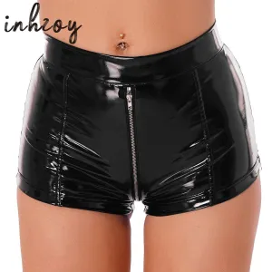 High Waisted Patent Leather Wet Look Zipper Crotch Shorts
