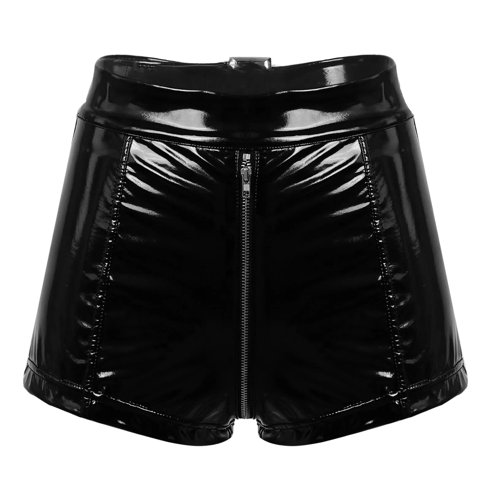 High Waisted Patent Leather Wet Look Zipper Crotch Shorts