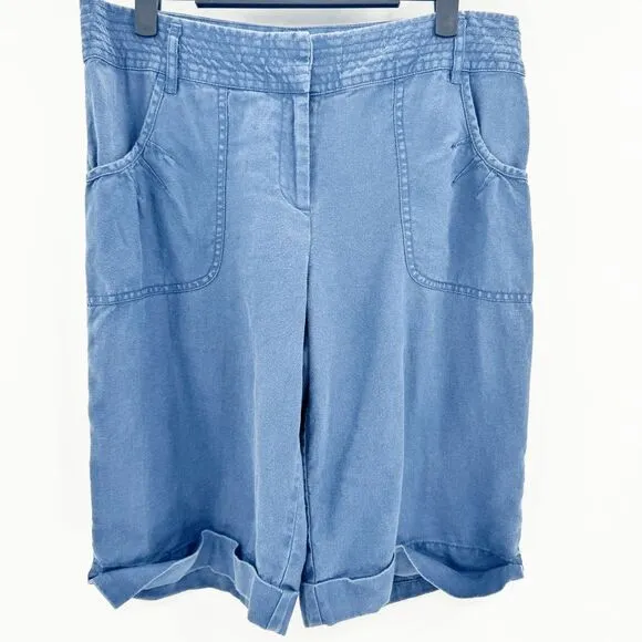 J. Jill Linen Casual Shorts Womens Size 10 Blue Bermuda Cuffed Hem Wide Leg