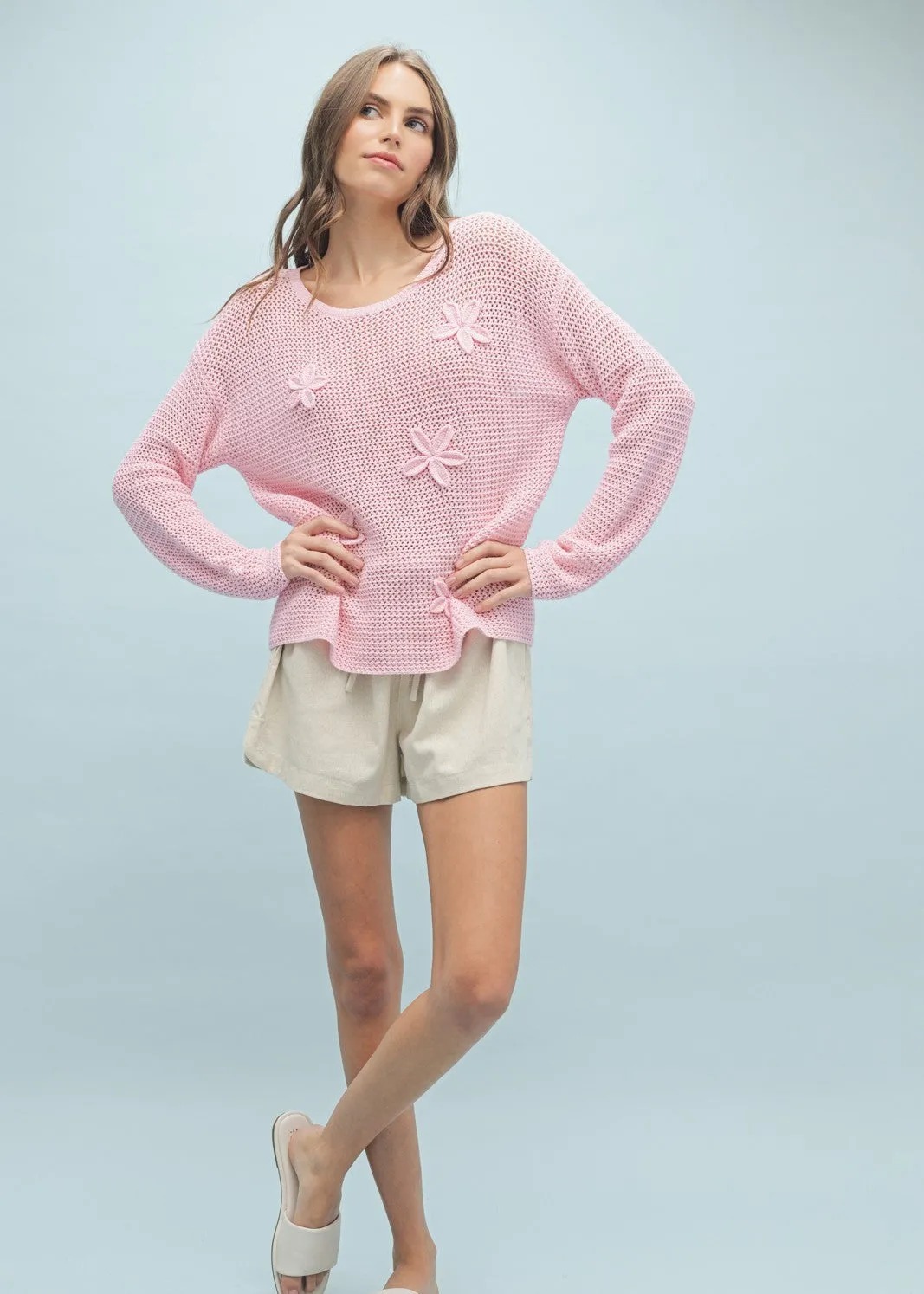 Josephine Pink Crochet Flower Sweater